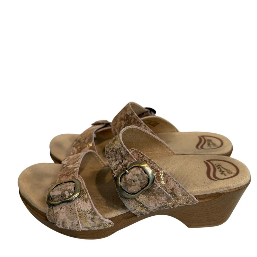 Dansko Sophie Gold Metallic Floral Leather Wedge Slide Sandals Women 39 EU 8.5-9